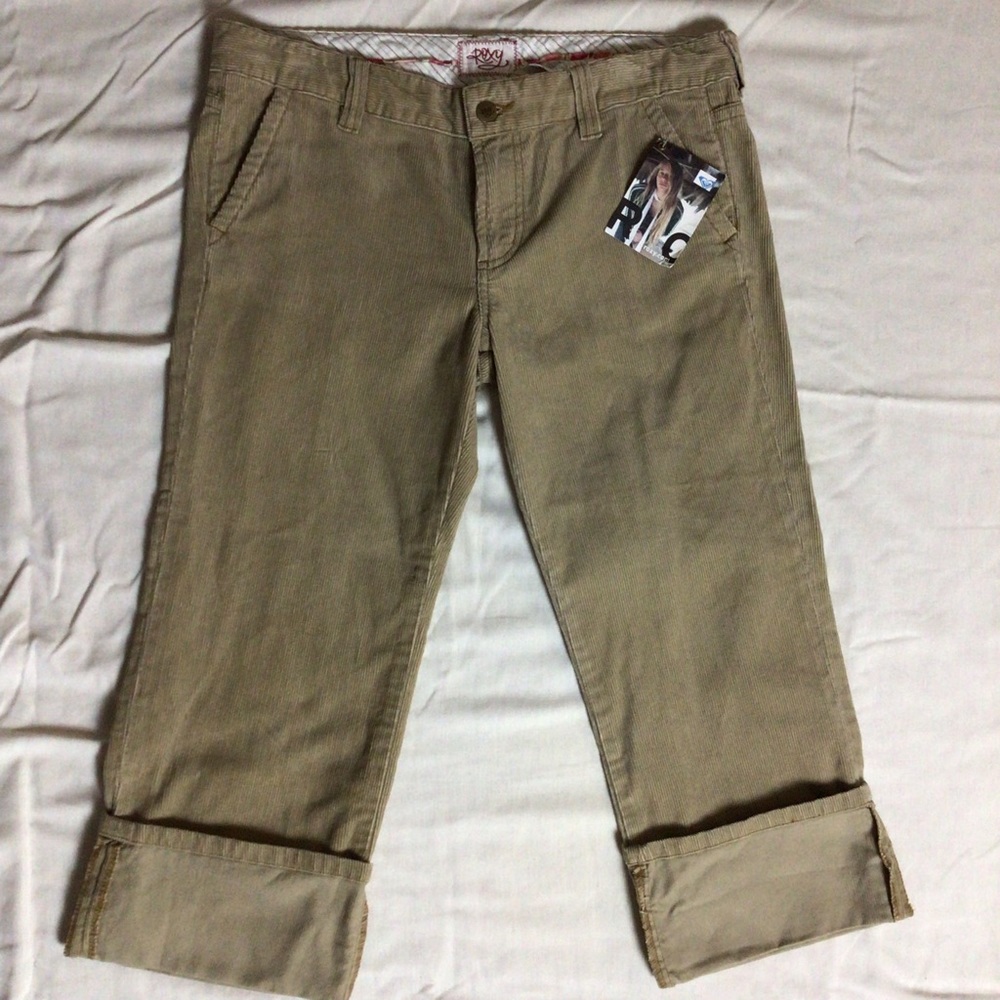 Roxy Khaki Tan Corduroy Cropped Cuffed Capri 9